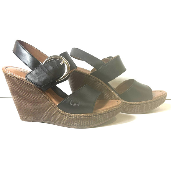b.o.c Born Womens 7M Wedge Heel Sandals Leather Black Casual Sling Back Open Toe - Picture 3 of 12